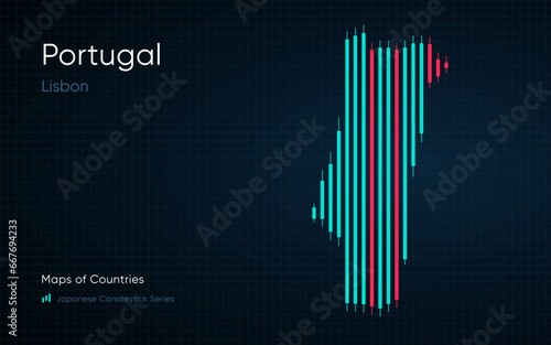 Portugal map is shown in a chart with bars and lines. Japanese candlestick chart Series	