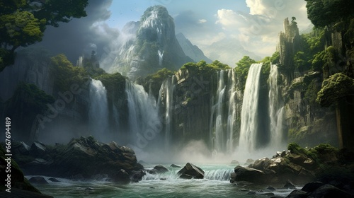 An expression seamlessly combined with the cascade of a grand waterfall.