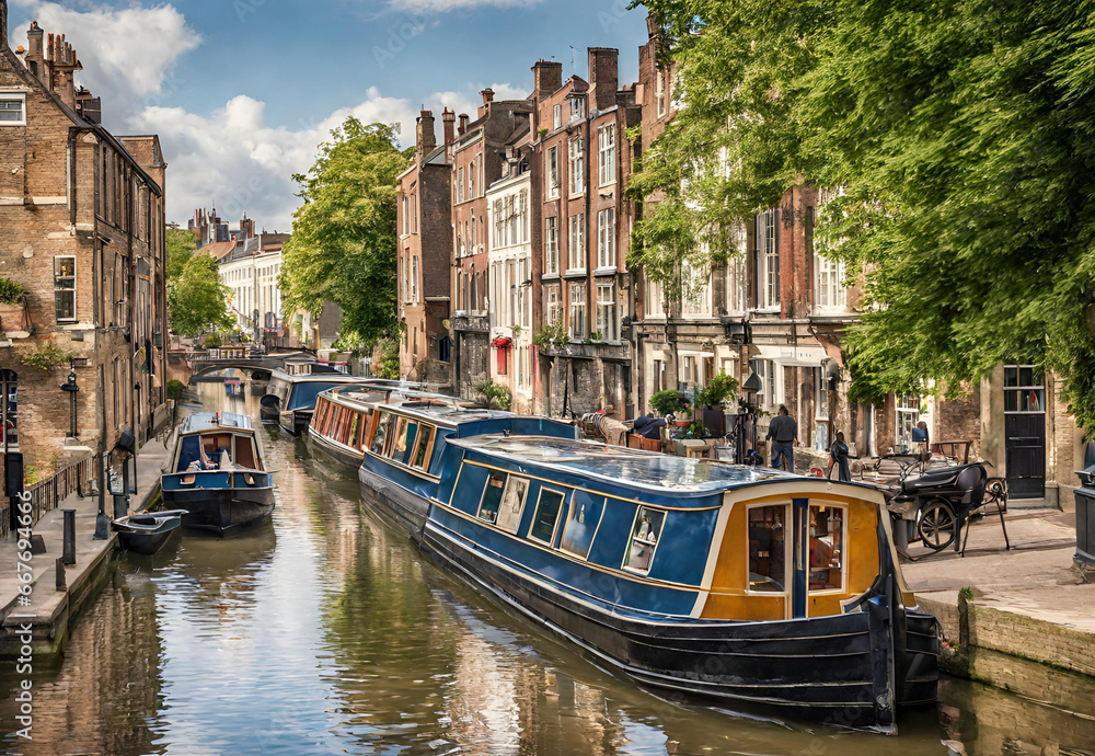 An image of historic canal boats navigating through a charming city.