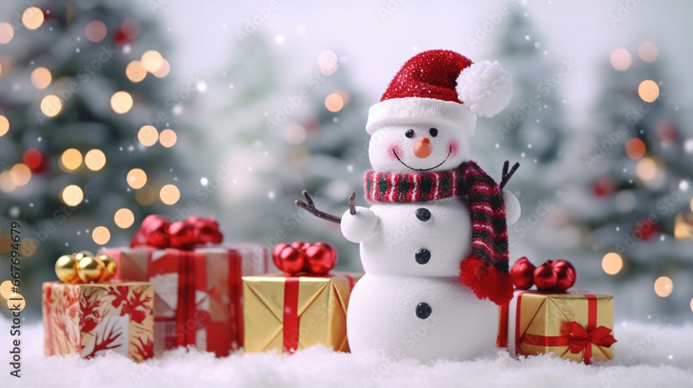 Merry Christmas Greeting with Cute Snow Man Giving Gift in Outdoor For Winter Holiday Eve Background Selective Focus