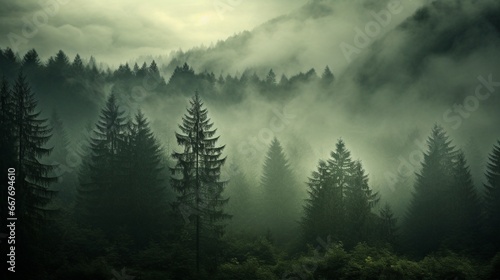 A countenance that melds with a dense, fog-covered forest.