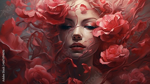 A face harmoniously merged with the blossoming petals of a rose.