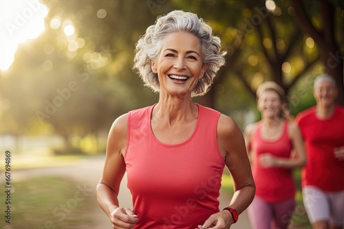 Active graceful Senior Women and Friends jogging in Lively Park Stretchingmuscle health, workout, and training with the retirement community