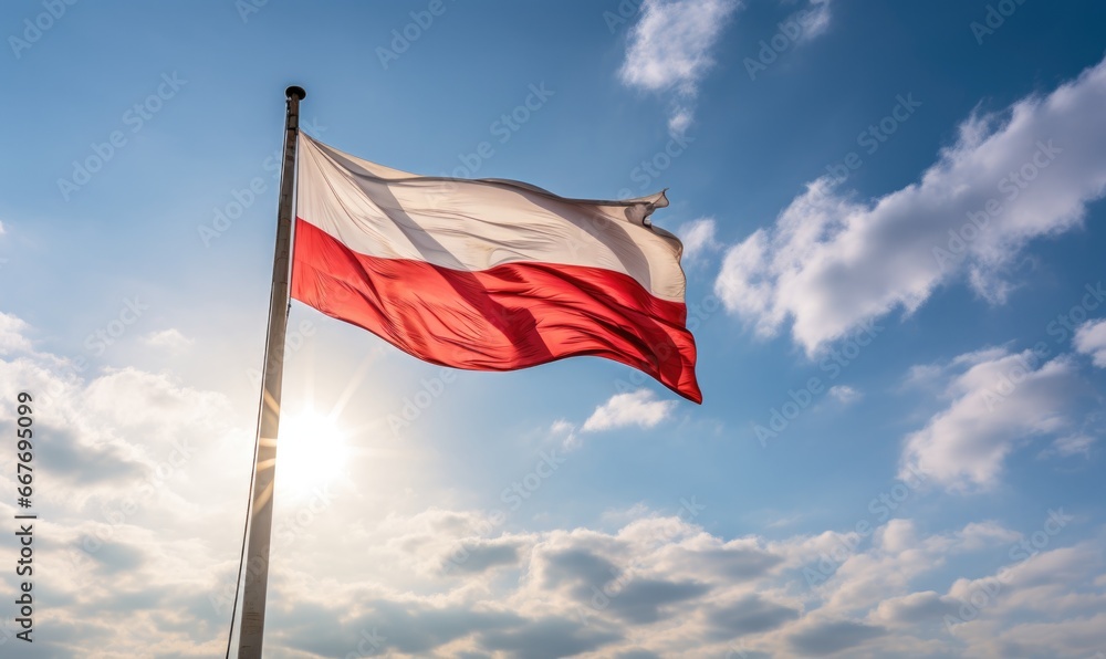 Fototapeta premium Large flag of Poland against blue sky. Independence Day November 11, Poland. Red and white polish flag blowing in wind.