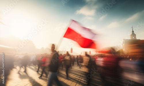 Group of people waving Polish Flags in sunlight, motion blur. Independence Day November 11, Poland.