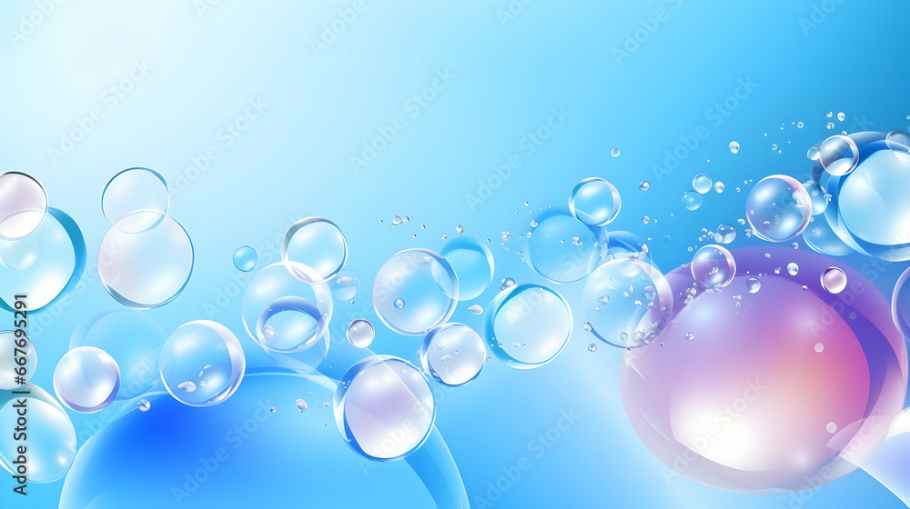 Colorful pink and blue abstract background with floating transparent soap bubbles