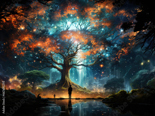 A tree of peace with life and joy all around - the infinite universe.