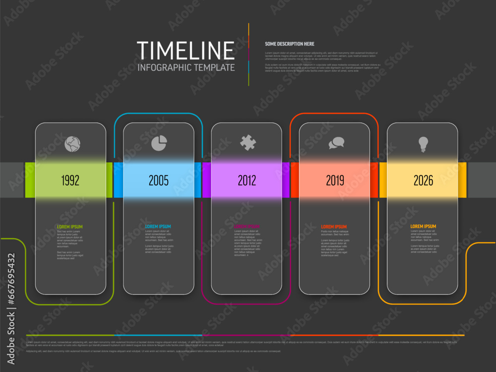 Five semitransparent glassy rounded rectangles timeline process infographic on dark