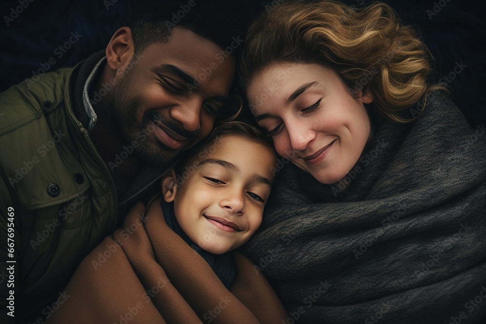 A family of 3 people huddled together, hugging, diverse family, having time together