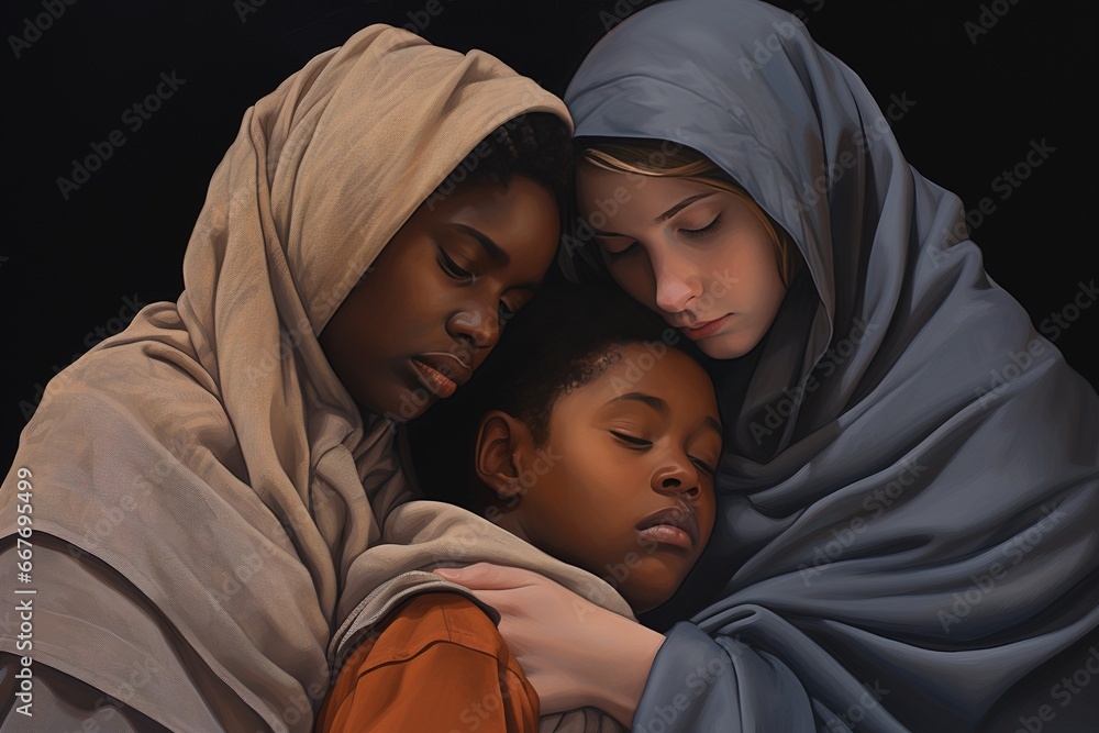 A family of 3 people huddled together, hugging, diverse family, having time together A family of 3 people huddled together, hugging, diverse family, having time together