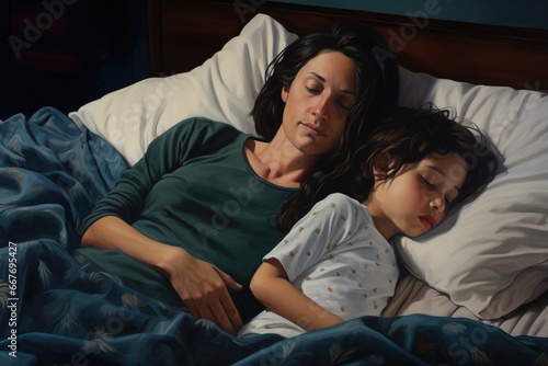 A child in pajamas and a parent in the bed, tucked into bed, warm and cosy, family support, parenthood, taking care of child at home
