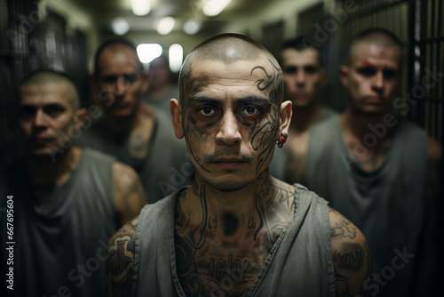 Latino Inmate with Tattooed Face in Prison