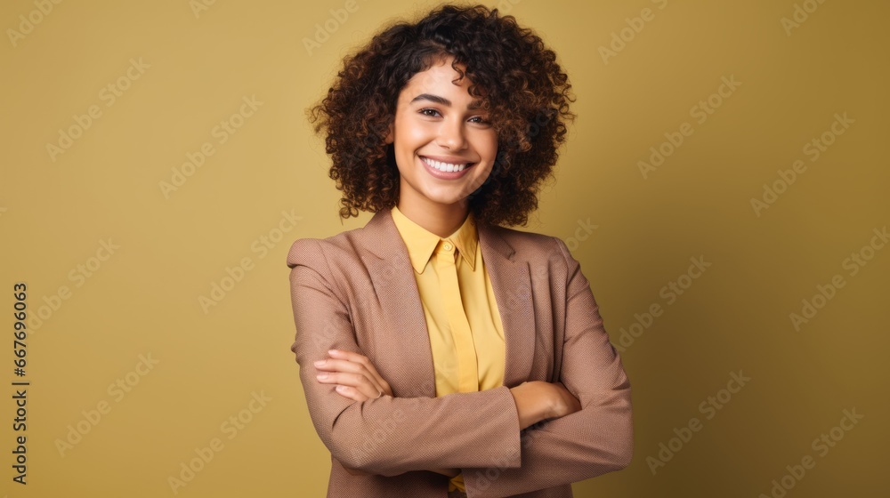 Smiling Teen Latino Woman with Brown Curly Hair Photo. Portrait of Business Person on Solid Background. Photorealistic Ai Generated Horizontal Illustration. Smiling Teen Latino Woman with Brown Curly Hair Photo. Portrait of Business Person on Solid Background. Photorealistic Ai Generated Horizontal Illustration.