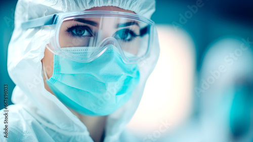 Young female doctor in a green uniform with surgical cap and protection mask, close up portrait, horizontal background. Prevention of Covid-19. AI Generated
