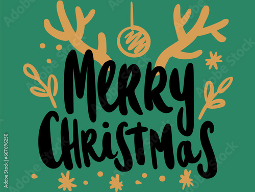 Merry Christmas Lettering with Deer Horns Vector Design