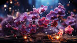 A Beautiful Purple Orchid Flowers and shiny Particles Bokeh Background