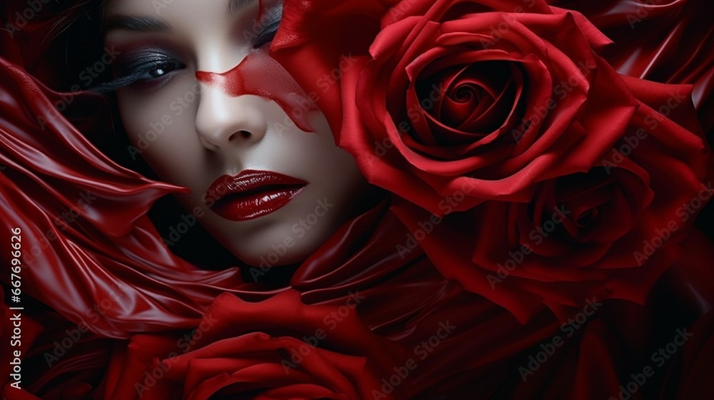 On a serene visage, the velvety petals of a crimson rose bloom, symbolizing passion and vulnerability in each layer.