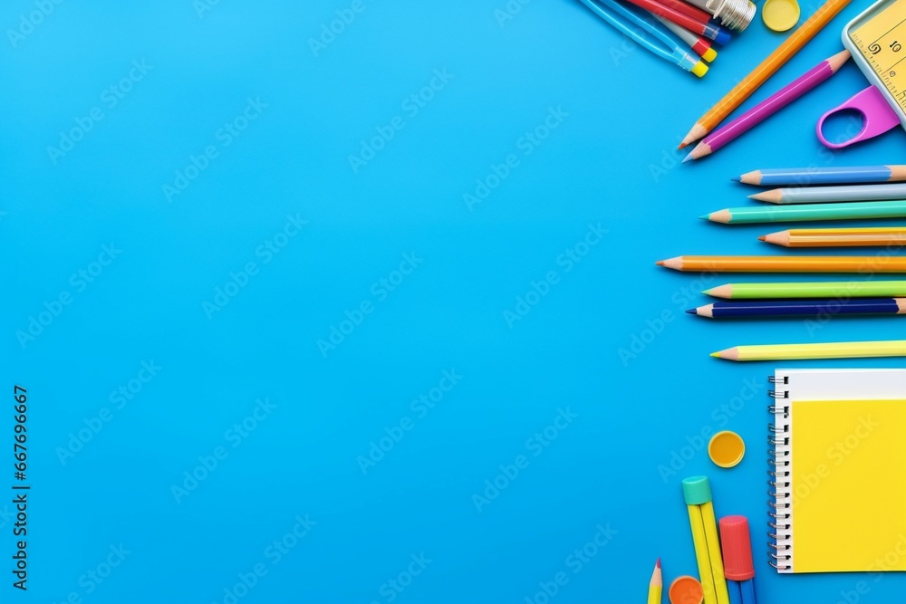 stationery and office stuff on blue background with copy space stationery and office stuff on blue background with copy space
