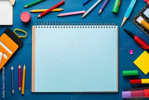 stationery and office stuff on blue background with copy space