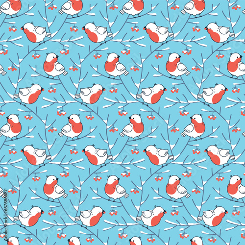 Vector seamless pattern. Winter birds bullfinches with red berries on snow-covered tree branches on a blue background.