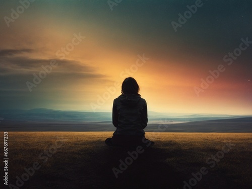Evocative Portrait: Solitary Individual Gazing at Horizon, Reflecting Sadness, Depression, and Anxiety in Evening Light © Rukma