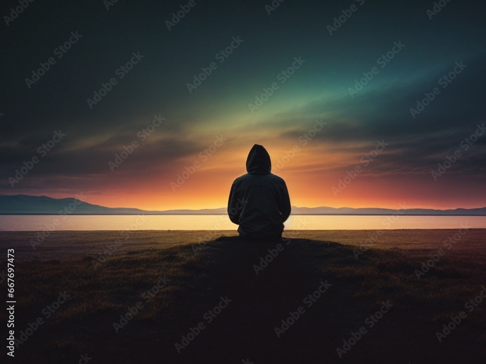 Evocative Portrait: Solitary Individual Gazing at Horizon, Reflecting Sadness, Depression, and Anxiety in Evening Light Evocative Portrait: Solitary Individual Gazing at Horizon, Reflecting Sadness, Depression, and Anxiety in Evening Light