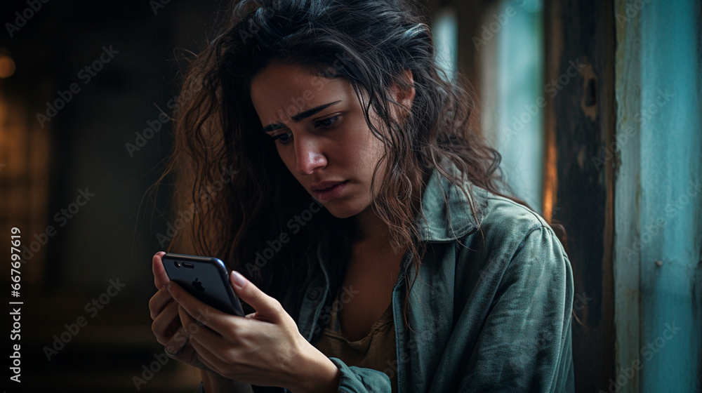 Sad woman with a mobile phone. Generative AI, Sad woman with a mobile phone. Generative AI,