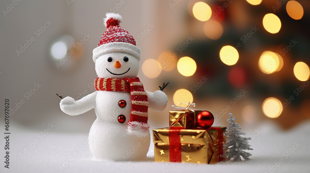 Merry Christmas Greeting with Cute Snow Man Giving Gift in Outdoor For Winter Holiday Eve Background Selective Focus Merry Christmas Greeting with Cute Snow Man Giving Gift in Outdoor For Winter Holiday Eve Background Selective Focus