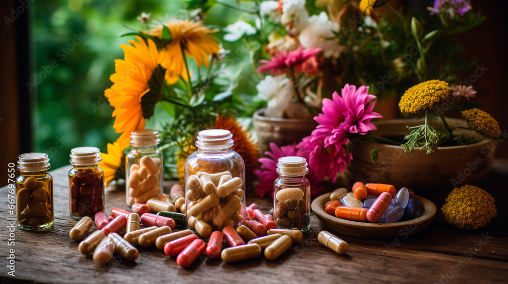 Supplements and flowers herbs alternative medicine. Generative AI,