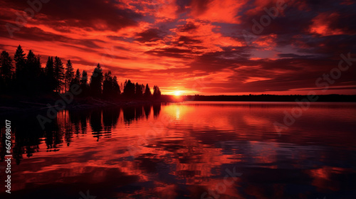sunset over lake with red sky and cloud