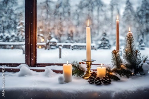 candles in the window at snow fall