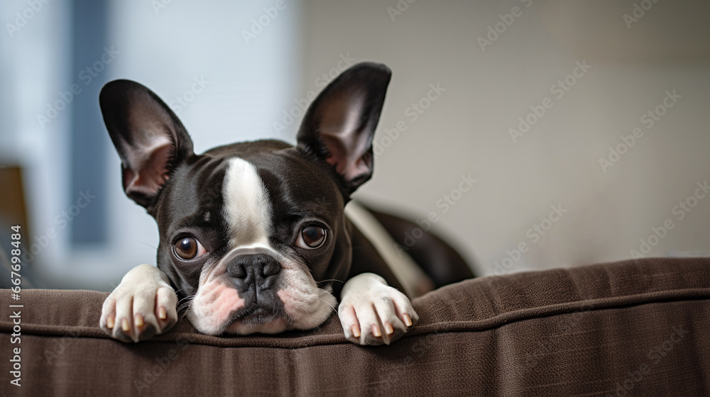 A Pet Dog Boston Terrier Lounging on the Sofa Relaxing