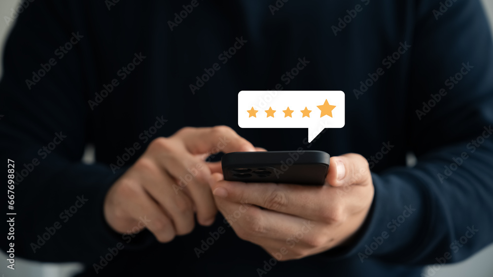 customer satisfaction survey concept business people use smartphone Touch the happy smiley icon. Satisfied. 5 stars. Service experience rating. online application Satisfaction Review best quality. customer satisfaction survey concept business people use smartphone Touch the happy smiley icon. Satisfied. 5 stars. Service experience rating. online application Satisfaction Review best quality.
