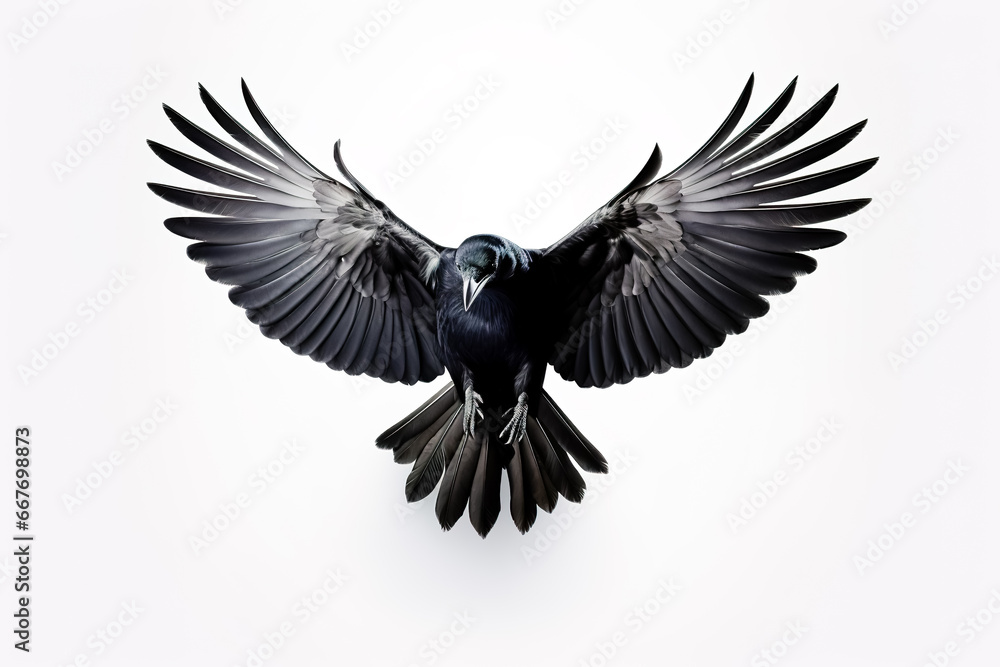 Black crow flying with wings spread on white background. - obrazy, fototapety, plakaty 
