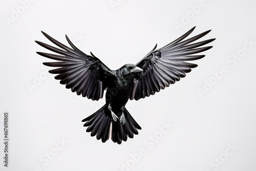 Black crow flying with wings spread on white background.