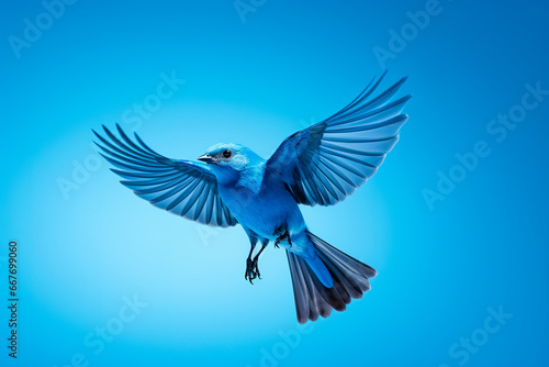 Blue bird flying with wings spread on a blue background.