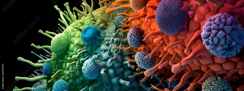 Coronavirus under a microscope. Generative AI, - obrazy, fototapety, plakaty 