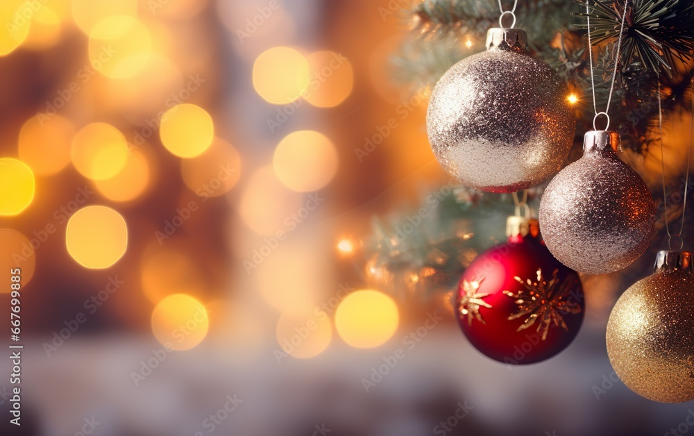 Christmas Tree With Baubles And Blurred Shiny Lights Close up. AI, Generative AI Christmas Tree With Baubles And Blurred Shiny Lights Close up. AI, Generative AI