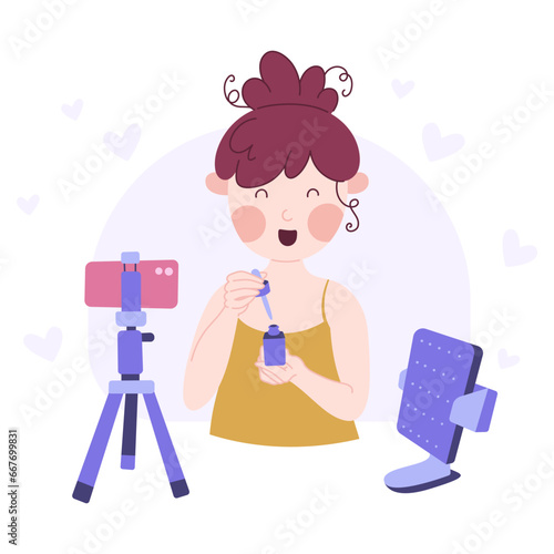 Beauty blogging concept. Recording makeup tutorial video and cosmetics review. Vector cartoon flat illustration.