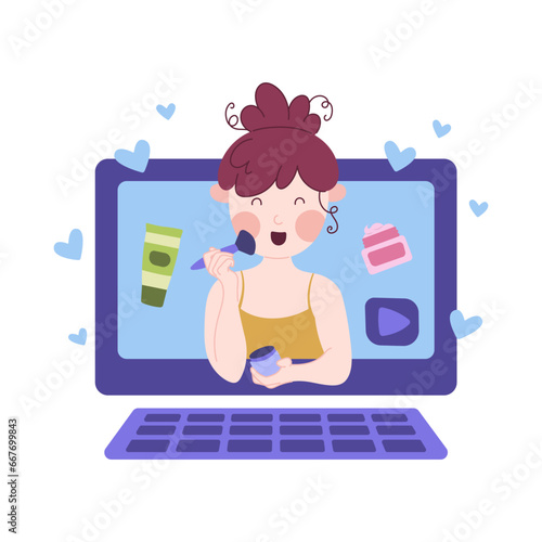Beauty blogging concept. Makeup tutorial video and cosmetics review. Vector cartoon flat illustration.