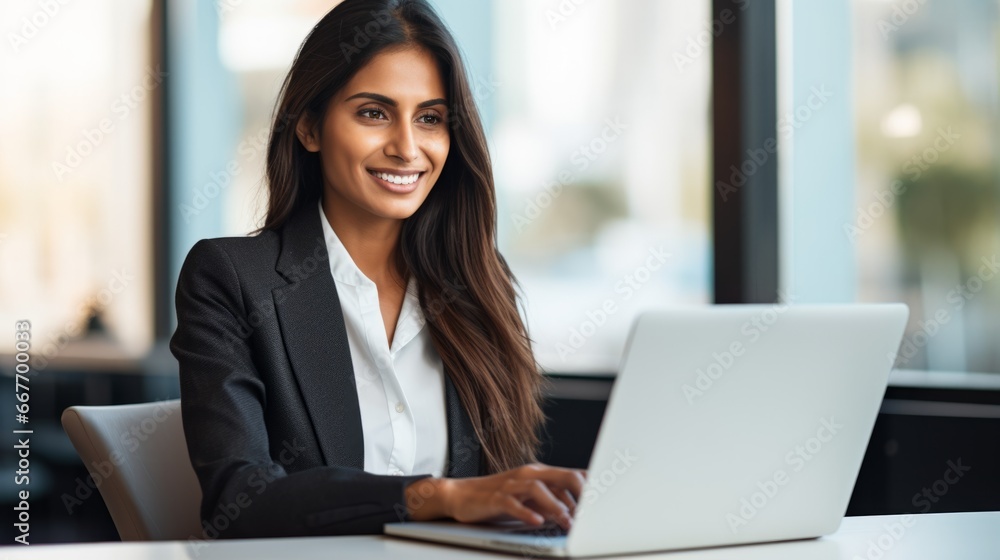Smiling Adult Indian Woman with Blond Straight Hair Photo. Portrait of Business Person in the office in front of laptop. Photorealistic Ai Generated Horizontal Illustration. Smiling Adult Indian Woman with Blond Straight Hair Photo. Portrait of Business Person in the office in front of laptop. Photorealistic Ai Generated Horizontal Illustration.
