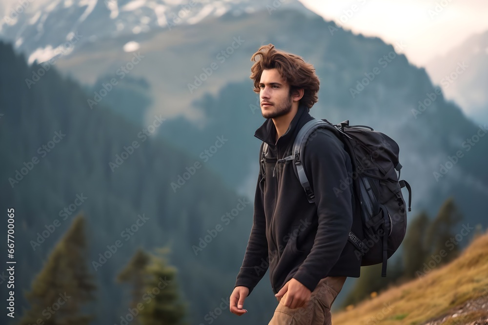 Young man climbs in the mountains, copy space.
