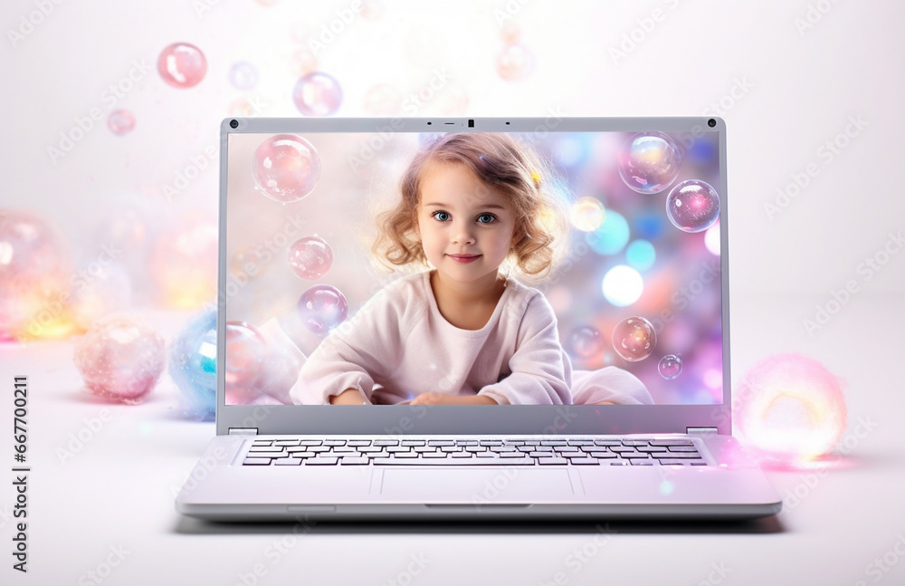 Children are depicted within the laptop screen, exuding a celebratory and joyful atmosphere, clearly delighted with their surroundings. Generative AI. Children are depicted within the laptop screen, exuding a celebratory and joyful atmosphere, clearly delighted with their surroundings. Generative AI.
