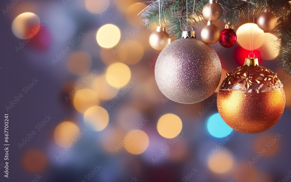 Christmas Tree With Baubles And Blurred Shiny Lights Close up. AI, Generative AI Christmas Tree With Baubles And Blurred Shiny Lights Close up. AI, Generative AI
