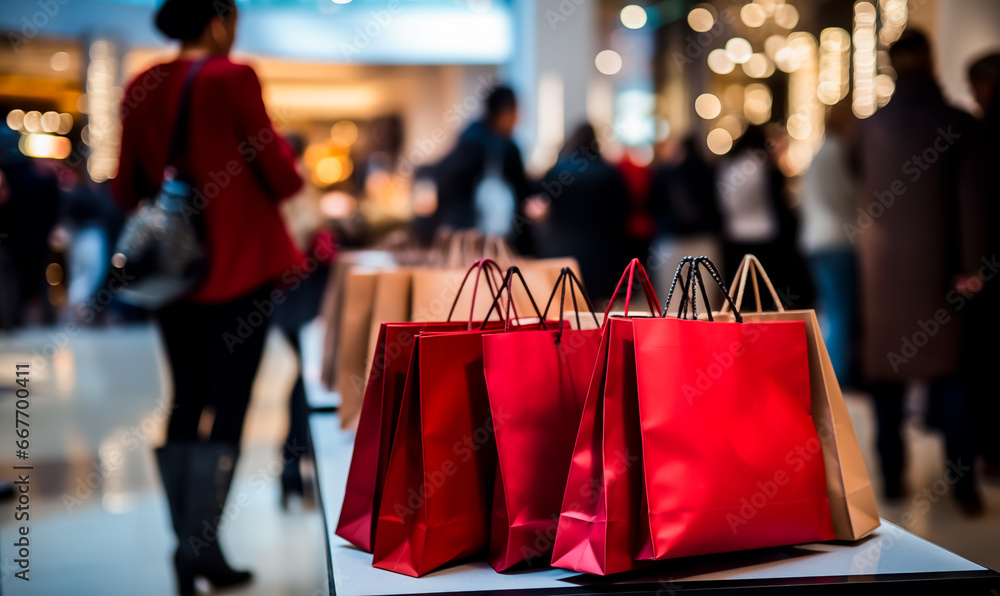 Naklejka premium Colorful paper Shopping bags. Concept of deals, offers and sales like black friday or spring sale in a mall. Shallow field of view.