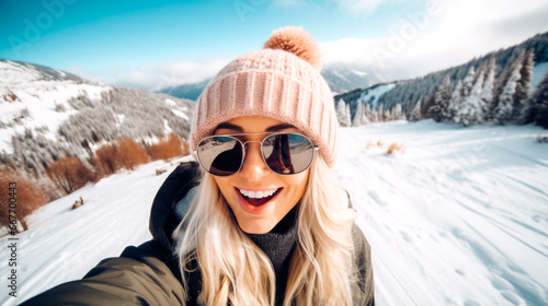 Happy woman posing for winter selfie on a ski resort. Sport and healthy lifestyle concept. AI Generated