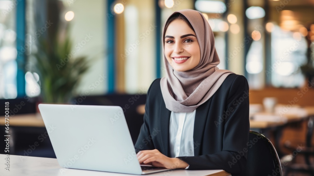 Smiling Adult Persian Woman with Blond Straight Hair Photo. Portrait of Business Person in the office in front of laptop. Photorealistic Ai Generated Horizontal Illustration. Smiling Adult Persian Woman with Blond Straight Hair Photo. Portrait of Business Person in the office in front of laptop. Photorealistic Ai Generated Horizontal Illustration.