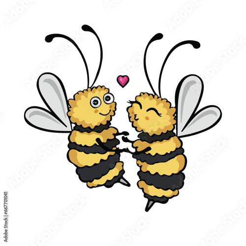 Two colored bees spinning in a dance, love, kiss, vector photo