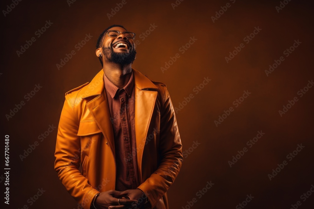 Obraz premium A Man in a Stylish Leather Jacket Expressing Genuine Laughter