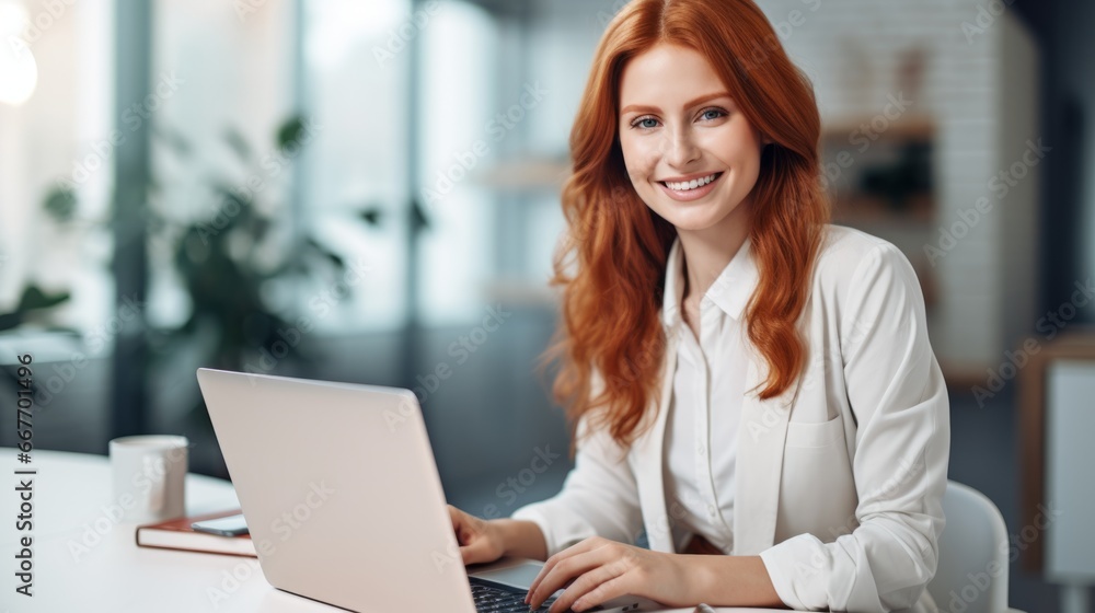 Smiling Adult White Woman with Red Straight Hair Photo. Portrait of Business Person in the office in front of laptop. Photorealistic Ai Generated Horizontal Illustration.